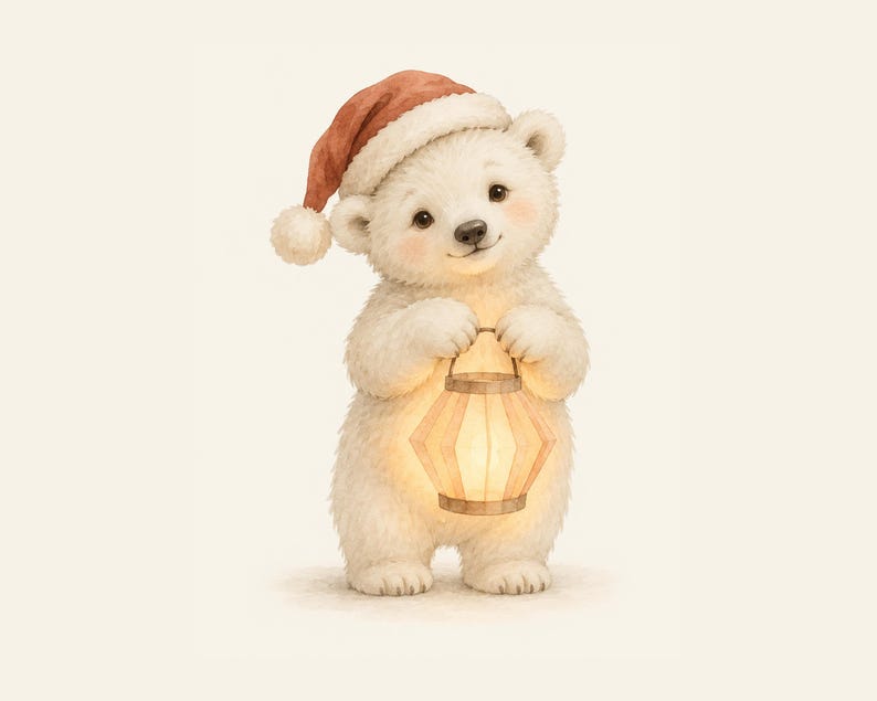 May include: A white polar bear cub illustration wearing a red Santa hat with a white pom-pom. The cub has rosy cheeks and is holding a glowing, warm-toned lantern with both paws. The artwork features soft, textured fur details.