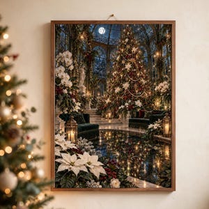 K&ouml;nnte beinhalten: Ein gerahmter Kunstdruck, der einen gl&auml;sernen Wintergarten bei Nacht zeigt, mit einem gro&szlig;en geschm&uuml;ckten Weihnachtsbaum, wei&szlig;en Weihnachtssternen, dunkelgr&uuml;nen Samtsofas und leuchtenden Laternen, die sich in einem Innenpool unter dem Vollmond spiegeln.