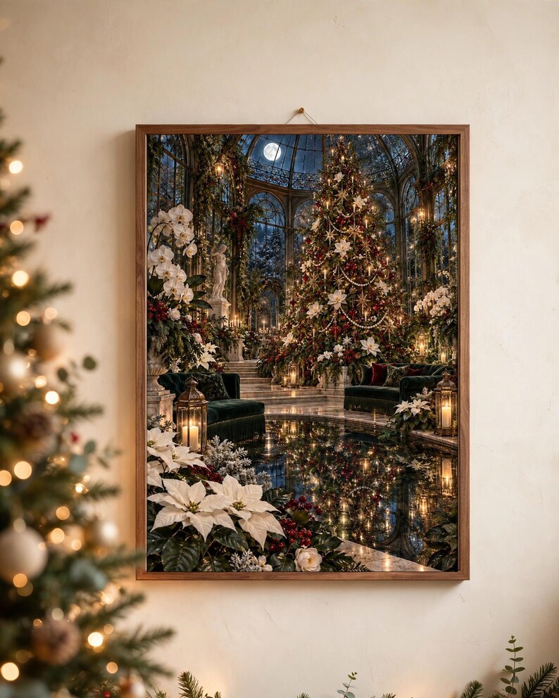 K&ouml;nnte beinhalten: Ein gerahmter Kunstdruck, der einen gl&auml;sernen Wintergarten bei Nacht zeigt, mit einem gro&szlig;en geschm&uuml;ckten Weihnachtsbaum, wei&szlig;en Weihnachtssternen, dunkelgr&uuml;nen Samtsofas und leuchtenden Laternen, die sich in einem Innenpool unter dem Vollmond spiegeln.