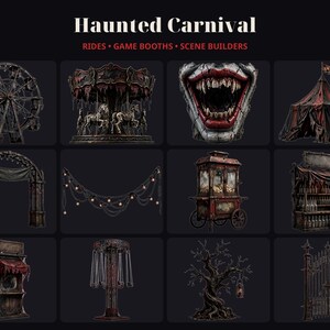 K&ouml;nnte beinhalten: Eine digitale Sammlung mit dem Titel Haunted Carnival mit Fahrgesch&auml;ften, Spielbuden und Szenenbauern. Das Set enth&auml;lt ein Riesenrad, ein Karussell, einen Clownsmund, ein gestreiftes Zelt, einen Torbogen, Lichterketten, einen Popcornwagen, einen Totenkopfstand, eine Bude, eine Lampe, einen Baum und ein Tor.