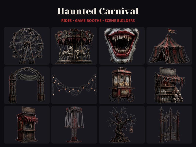 K&ouml;nnte beinhalten: Eine digitale Sammlung mit dem Titel Haunted Carnival mit Fahrgesch&auml;ften, Spielbuden und Szenenbauern. Das Set enth&auml;lt ein Riesenrad, ein Karussell, einen Clownsmund, ein gestreiftes Zelt, einen Torbogen, Lichterketten, einen Popcornwagen, einen Totenkopfstand, eine Bude, eine Lampe, einen Baum und ein Tor.