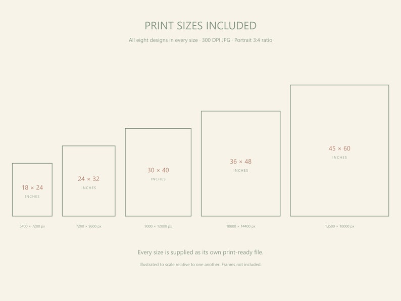 May include: A digital chart displaying five rectangular print sizes in a 3:4 portrait ratio, labeled 18x24, 24x32, 30x40, 36x48, and 45x60 inches. The text reads PRINT SIZES INCLUDED, 300 DPI JPG, and Every size is supplied as its own print-ready file.