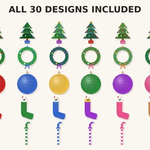 May include: A collection of 30 Christmas-themed graphic designs featuring illustrations of green pine trees, circular wreaths, round ornaments, stockings, and striped candy canes in various colors including red, blue, yellow, and green.