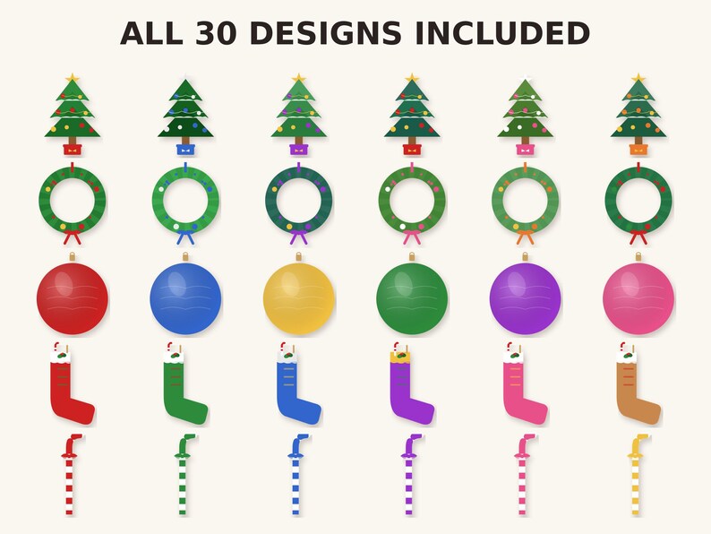 May include: A collection of 30 Christmas-themed graphic designs featuring illustrations of green pine trees, circular wreaths, round ornaments, stockings, and striped candy canes in various colors including red, blue, yellow, and green.