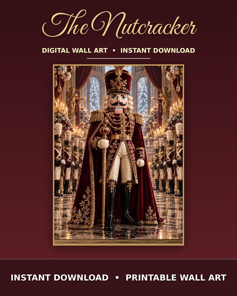 May include: Digital wall art titled The Nutcracker featuring a central nutcracker figure in a red velvet military uniform with gold embroidery, a tall hat, and a staff, standing in a grand hall with soldiers and snowy windows.