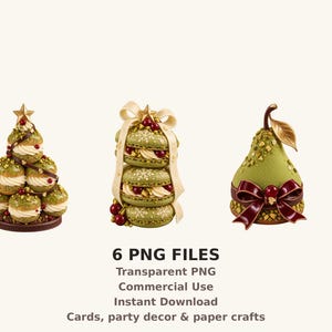 May include: Three festive dessert illustrations including a green cream puff tower topped with a star, a stack of three green macarons tied with a cream ribbon, and a green pear-shaped pastry decorated with a dark red bow and gold leaf.