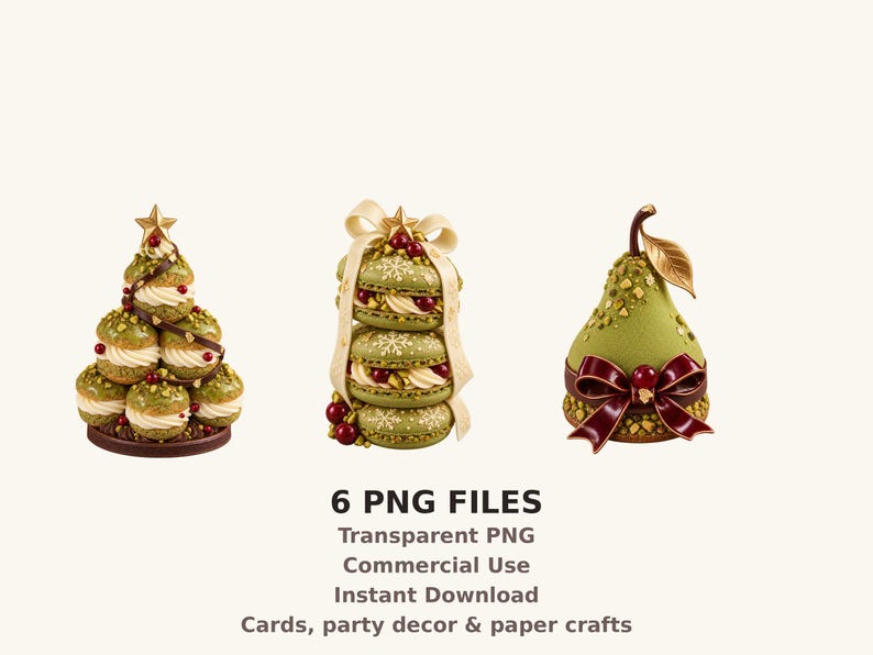 May include: Three festive dessert illustrations including a green cream puff tower topped with a star, a stack of three green macarons tied with a cream ribbon, and a green pear-shaped pastry decorated with a dark red bow and gold leaf.