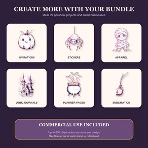 May include: A digital graphic bundle featuring six white squares with purple-toned illustrations: a pumpkin, spider, mummy, haunted house, cauldron with bats, and broomstick. Text includes CREATE MORE WITH YOUR BUNDLE, labels for each icon, and COMMERCIAL USE INCLUDED.