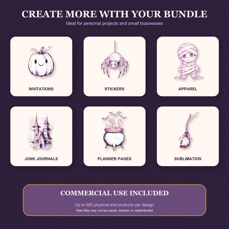 May include: A digital graphic bundle featuring six white squares with purple-toned illustrations: a pumpkin, spider, mummy, haunted house, cauldron with bats, and broomstick. Text includes CREATE MORE WITH YOUR BUNDLE, labels for each icon, and COMMERCIAL USE INCLUDED.