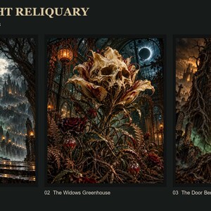 May include: Three wall art prints titled The Midnight Reliquary. The first shows a cloaked figure with bells, the second a skull-shaped flower in a greenhouse, and the third a glowing green portal with an hourglass in a graveyard.