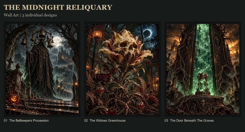 May include: Three wall art prints titled The Midnight Reliquary. The first shows a cloaked figure with bells, the second a skull-shaped flower in a greenhouse, and the third a glowing green portal with an hourglass in a graveyard.