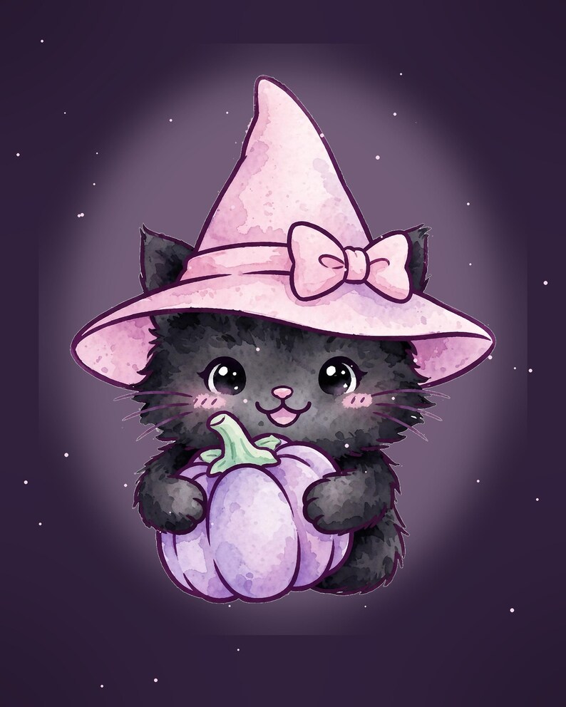 Puede incluir: Un gatito negro esponjoso con un sombrero puntiagudo de color rosa claro con un lazo a juego, sosteniendo una calabaza de color violeta claro. El gatito tiene ojos grandes y oscuros, una nariz peque&ntilde;a y rosada y mejillas sonrosadas en acuarela.