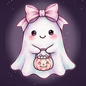 Puede incluir: Una ilustraci&oacute;n de un fantasma blanco con un gran lazo rosa claro en la cabeza, mejillas sonrosadas y una cara sonriente. El fantasma sostiene un peque&ntilde;o cubo naranja claro con forma de calabaza lleno de dulces coloridos sobre un fondo morado.