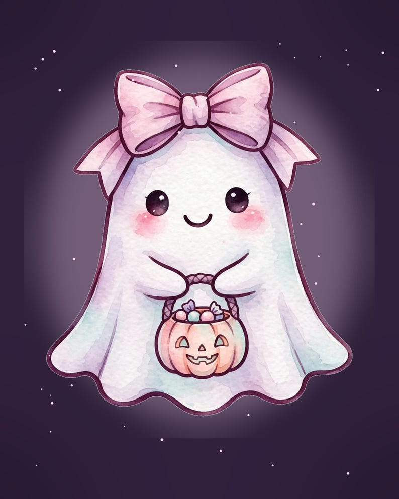 Puede incluir: Una ilustraci&oacute;n de un fantasma blanco con un gran lazo rosa claro en la cabeza, mejillas sonrosadas y una cara sonriente. El fantasma sostiene un peque&ntilde;o cubo naranja claro con forma de calabaza lleno de dulces coloridos sobre un fondo morado.