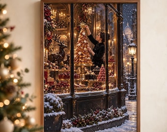 May include: A framed wall art print depicting a storefront window display at night during winter. Inside, a person places a star atop a golden Christmas tree surrounded by pastries and a reindeer statue. Snow falls on the street outside.