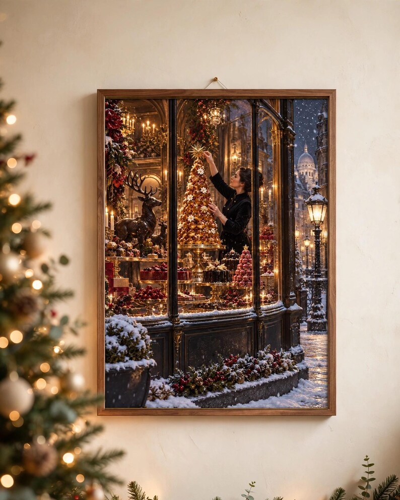 May include: A framed wall art print depicting a storefront window display at night during winter. Inside, a person places a star atop a golden Christmas tree surrounded by pastries and a reindeer statue. Snow falls on the street outside.