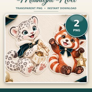 May include: Digital graphic set titled Midnight Noel featuring two illustrations: a snow leopard cub in a dark green cape holding a gift box and a red panda wearing a dark green bow tie and holding a star-shaped lantern. Includes 2 PNG files.