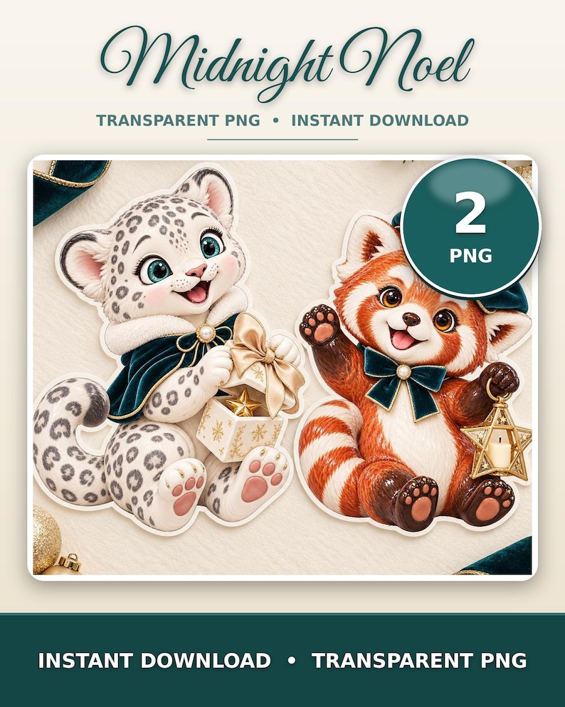 May include: Digital graphic set titled Midnight Noel featuring two illustrations: a snow leopard cub in a dark green cape holding a gift box and a red panda wearing a dark green bow tie and holding a star-shaped lantern. Includes 2 PNG files.