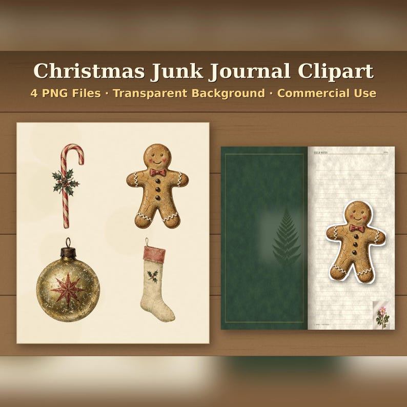 以下が含まれることがあります： Christmas Junk Journal Clipart 4 PNG Files Transparent Background Commercial Use. キャンディケイン、ジンジャーブレッドマン、オーナメント、ストッキングのデジタルイラストと、ジンジャーブレッドマンのグラフィックが描かれたジャーナルページ。