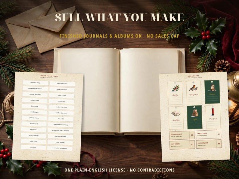 May include: An open blank book centered between two printed sheets of paper. The left sheet lists phrases in two columns, while the right sheet displays illustrated labels. Text reads: SELL WHAT YOU MAKE, FINISHED JOURNALS & ALBUMS OK - NO SALES CAP, ONE PLAIN-ENGLISH LICENSE - NO CONTRADICTIONS.