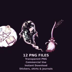 May include: A digital illustration set featuring a round table with a pentagram, candle, crystal, skull, and open book, a ghost with a dark patterned body, and a broomstick with sparkles. Text reads 12 PNG FILES, Transparent PNG, Commercial Use, Instant Download, Stickers, shirts & journals.