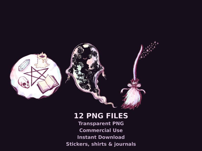 May include: A digital illustration set featuring a round table with a pentagram, candle, crystal, skull, and open book, a ghost with a dark patterned body, and a broomstick with sparkles. Text reads 12 PNG FILES, Transparent PNG, Commercial Use, Instant Download, Stickers, shirts & journals.