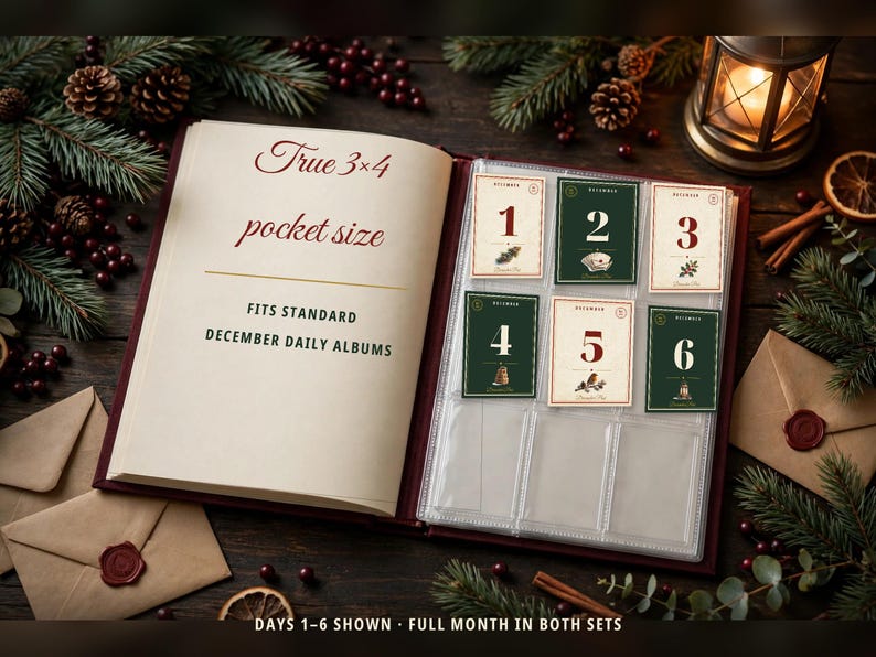 May include: An open album with a cream-colored page featuring the text True 3x4 pocket size FITS STANDARD DECEMBER DAILY ALBUMS. The opposite side contains clear plastic sleeves holding six rectangular cards numbered 1 through 6.