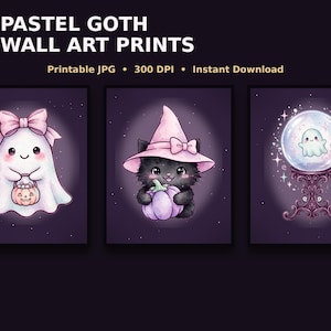 Puede incluir: Seis l&aacute;minas de arte mural con ilustraciones de un fantasma con lazo sosteniendo una calabaza, un gato negro con sombrero rosa sosteniendo una calabaza y un fantasma en una bola de cristal. Texto: 6 PASTEL GOTH WALL ART PRINTS, Printable JPG, 300 DPI, Instant Download.