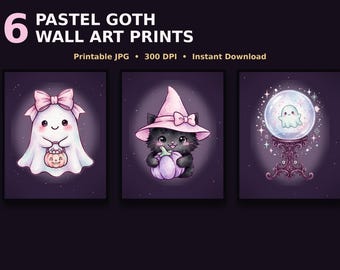 Pastel Goth Halloween Wall Art, Set of 6 Printable Prints, Cute Ghost Pumpkin Decor, Pastel Halloween Posters, Spooky Gallery Wall