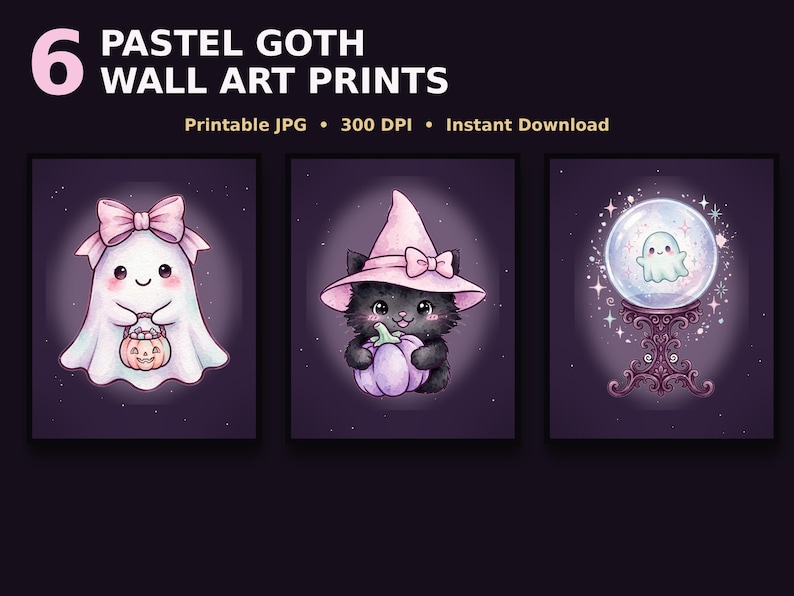 Puede incluir: Seis l&aacute;minas de arte mural con ilustraciones de un fantasma con lazo sosteniendo una calabaza, un gato negro con sombrero rosa sosteniendo una calabaza y un fantasma en una bola de cristal. Texto: 6 PASTEL GOTH WALL ART PRINTS, Printable JPG, 300 DPI, Instant Download.