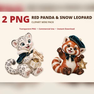 May include: Two digital illustrations of a snow leopard and a red panda. The snow leopard wears a dark blue cape and holds a gift box. The red panda wears a dark blue beret and bow tie, holding a star-shaped lantern. Text reads 2 PNG RED PANDA & SNOW LEOPARD.