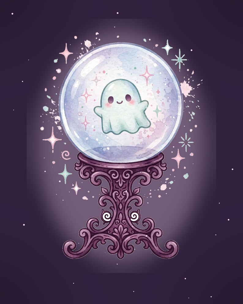 Puede incluir: Una ilustraci&oacute;n en acuarela de un peque&ntilde;o fantasma blanco sonriente flotando dentro de una bola de cristal transparente. La esfera descansa sobre un soporte morado oscuro adornado con volutas, rodeada de estrellas brillantes y salpicaduras de pintura pastel.