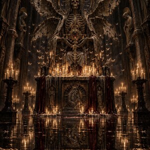 May include: A dark, ornate cathedral interior featuring a central skeletal figure with large, weathered wings. The figure holds a glowing orb above an altar adorned with numerous lit candles, red fabric, and small white butterflies.