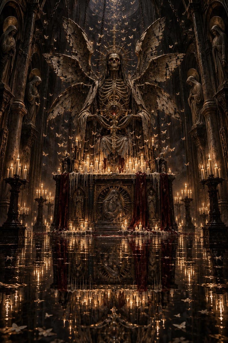 May include: A dark, ornate cathedral interior featuring a central skeletal figure with large, weathered wings. The figure holds a glowing orb above an altar adorned with numerous lit candles, red fabric, and small white butterflies.
