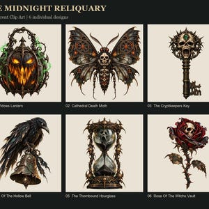 May include: Six digital clip art designs titled The Midnight Reliquary featuring a glowing pumpkin lantern, a moth with a skull pattern, an ornate key, a raven perched on a bell, a skull-adorned hourglass, and a rose with a skull center.