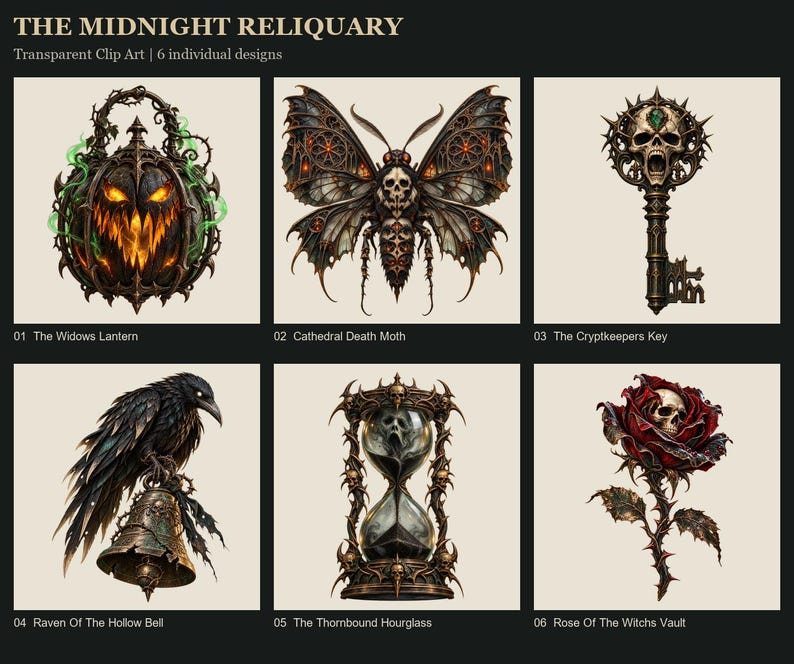 May include: Six digital clip art designs titled The Midnight Reliquary featuring a glowing pumpkin lantern, a moth with a skull pattern, an ornate key, a raven perched on a bell, a skull-adorned hourglass, and a rose with a skull center.