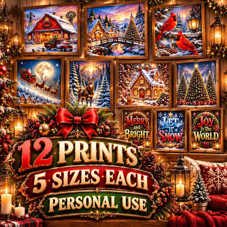 Christmas Wall Art Prints Vol. 2 | 12 Prints in 5 Sizes Each | Cozy Village, Cardinals, Gingerbread | Personal Use image 8