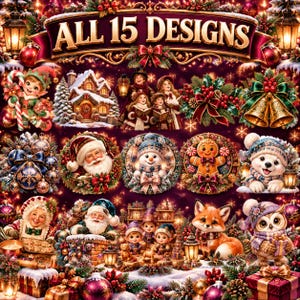 May include: A collection of 15 Christmas-themed illustrations featuring Santa Claus, elves, snowmen, gingerbread figures, woodland animals, and festive decorations like bells and wreaths, all set against a dark, ornate background.
