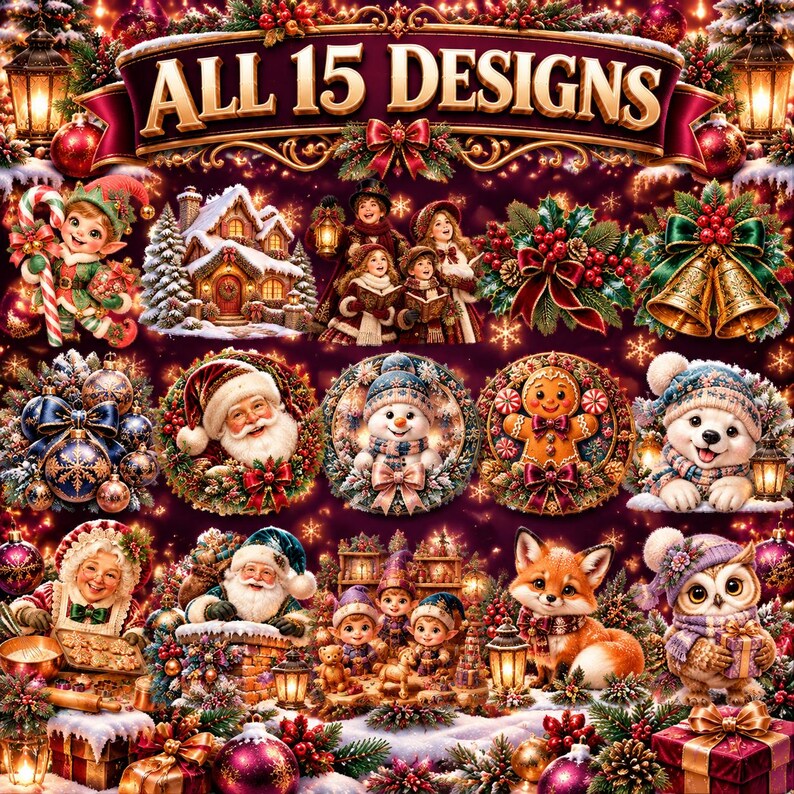 May include: A collection of 15 Christmas-themed illustrations featuring Santa Claus, elves, snowmen, gingerbread figures, woodland animals, and festive decorations like bells and wreaths, all set against a dark, ornate background.