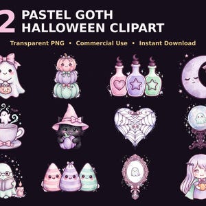 May include: A digital collection of 12 pastel goth Halloween clipart images featuring a ghost with a bow, stacked pumpkins, potion bottles, a crescent moon, a teacup with a ghost, a cat in a witch hat, a spiderweb heart, a crystal ball, a ghost reading, candy corn, a mirror, and a character.