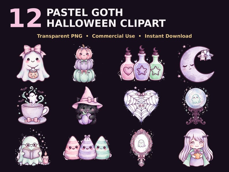 May include: A digital collection of 12 pastel goth Halloween clipart images featuring a ghost with a bow, stacked pumpkins, potion bottles, a crescent moon, a teacup with a ghost, a cat in a witch hat, a spiderweb heart, a crystal ball, a ghost reading, candy corn, a mirror, and a character.
