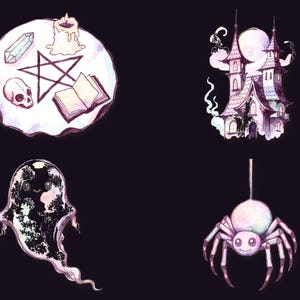 May include: A set of four watercolor-style illustrations featuring a circular arrangement with a pentagram, candle, crystal, and book, a tall house, a ghost with a dark patterned interior, and a spider hanging from a single thread.