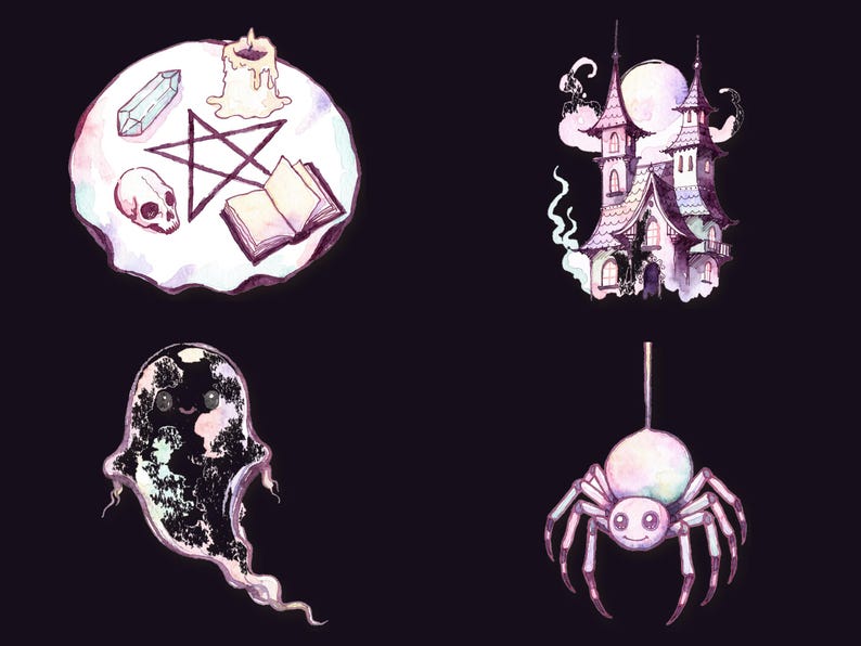 May include: A set of four watercolor-style illustrations featuring a circular arrangement with a pentagram, candle, crystal, and book, a tall house, a ghost with a dark patterned interior, and a spider hanging from a single thread.