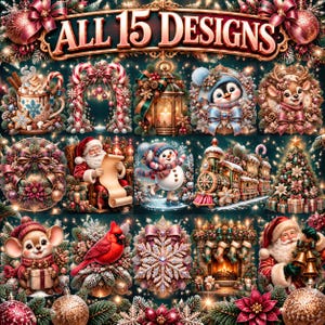 May include: A collection of 15 Christmas-themed illustrations featuring Santa Claus, a snowman, a penguin, a reindeer, a mouse, a cardinal, a train, a fireplace, a lantern, a decorated tree, and ornaments with the text ALL 15 DESIGNS.