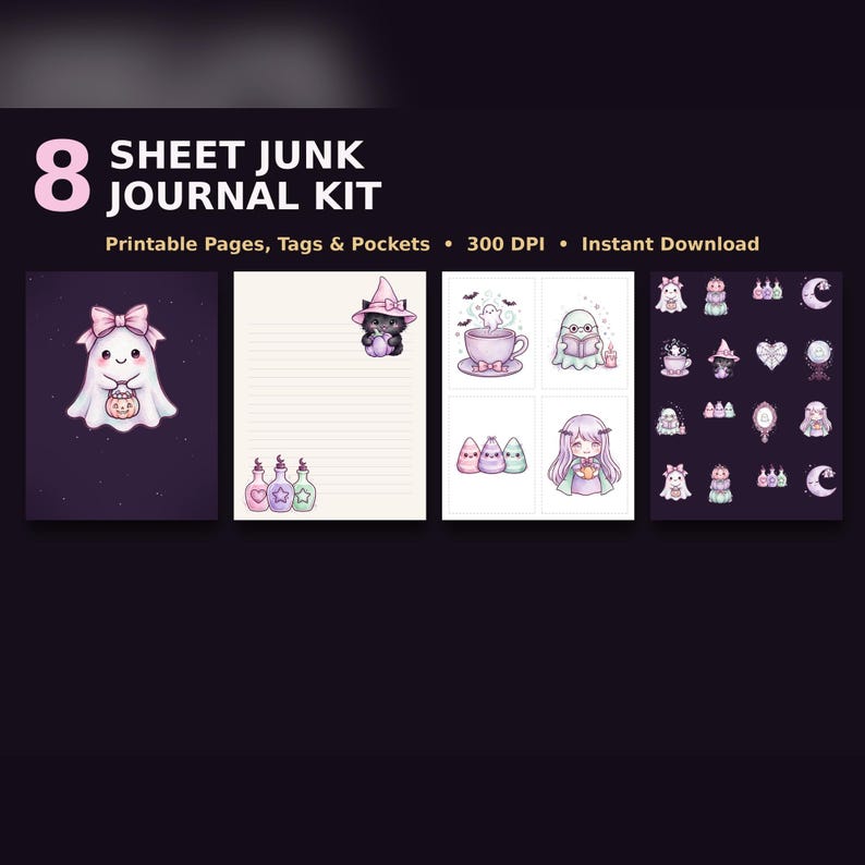 May include: An 8 sheet junk journal kit featuring printable pages, tags, and pockets. The designs include ghosts, a cat in a witch hat, potion bottles, and moons in a pastel purple and pink color palette with text 8 SHEET JUNK JOURNAL KIT.