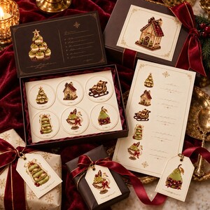 May include: A holiday stationery set featuring a dark brown gift box containing six circular cards with illustrations of a croquembouche, gingerbread house, sleigh, macaron tower, swan dessert, and pear. Includes a matching menu card and gift tags.