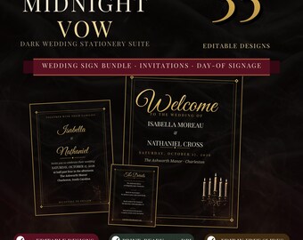 Dark Romance Wedding Sign Bundle, Moody Wedding Signage, Gothic Invitation Suite, Editable Printable Reception Signs, Burgundy Roses Decor