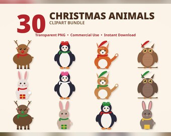May include: A digital clipart bundle titled 30 CHRISTMAS ANIMALS featuring illustrations of reindeer, penguins, cats, owls, and rabbits wearing holiday accessories like scarves and hats, presented on a light cream background.