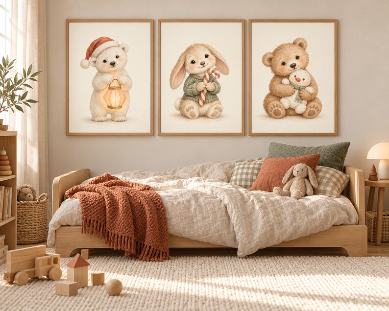 May include: Three framed wall art prints featuring a white bear in a red hat holding a lantern, a rabbit in a green sweater holding a candy cane, and a brown bear holding a small snowman, displayed above a wooden bed with a textured blanket.