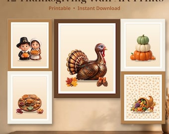 May include: A collection of 12 Thanksgiving wall art prints featuring illustrations of a turkey, a stack of pumpkins, a cornucopia, a feast, and figures in pilgrim attire. The text 12 Thanksgiving Wall Art Prints Printable Instant Download is visible.